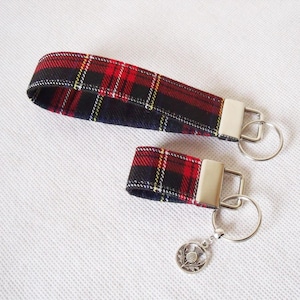 Tartan Keyfob / Wrist strap / Keyring in Black Stewart Wool like Tartan / Plaid fabric Key Fob / Wrist-let / Keychain Handmade in Scotland