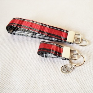 Tartan Keyfob / Wrist strap / Keyring in Red Black White Wool like Tartan / Plaid fabric Key Fob / Wrist-let / Keychain Handmade in Scotland