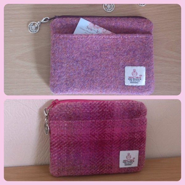 Harris Tweed Coin Purse / Tartan Pouch / Zip purse Pink handmade in Scotland with thistle charm zip pull
