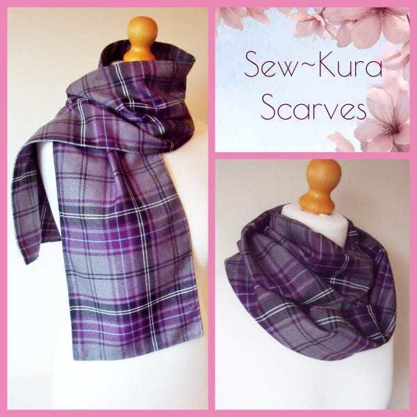 Tartan Scarf.  lovely soft Purple & Grey Tartan plaid fabric oblong or infinity scarf handmade perfect unisex gift, Wool effect machine wash