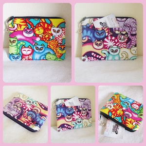 Funky Cats Coin Purse / Pouch Zip purse Purple, Teal, blue, Green, Multi cats with check lining handmade in Scotland with cat charm zip pull