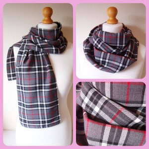 Tartan Scarf. Infinity or straight lovely soft Grey Thompson Tartan plaid fabric scarf handmade unisex gift, Wool effect, machine washable