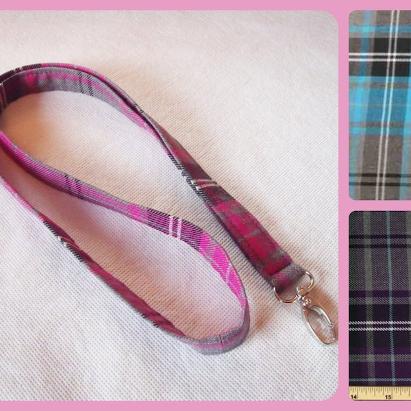 TARTAN fabric Lanyard in pink, turquoise or purple & Grey Tartan / plaid fabric, ID badge pass holder stocking filler gift Handmade Scotland