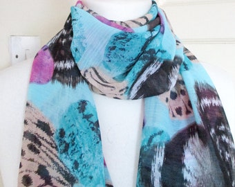 Chiffon Scarf in gorgeous butterfly design scarf infinity or straight Stunning handmade perfect gift blue pink black beige lightweight