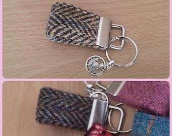 Tweed Keyfob, keyring, Key chain, wrist strap Genuine Harris Tweed Wool brown herringbone Handmade in Scotland thistle charm