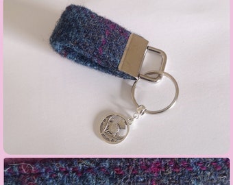 Dark Blue Tweed Keyfob, keyring, Key chain, wrist strap, Genuine Harris Tweed Wool Handmade in Scotland thistle charm dark blue with fuchsia