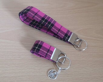 TARTAN Key Fob / Wrist strap key ring in Cerise Pink, Black, Gold Tartan / plaid fabric Wrist strap / Keychain - Xmas gift made in Scotland