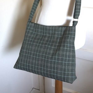 Green Tartan check Messenger / Slouchy Bag, adjustable cross body strap / Plaid Purse / Green black White Handbag Handmade in Scotland gift