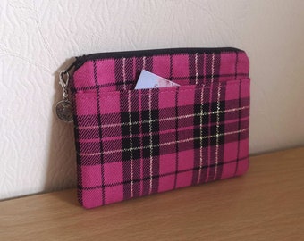 Tartan Coin Purse / Tartan Pouch / Zip purse Cerise Pink, Gold & Black Tartan / Plaid handmade in Scotland with thistle charm zip pull