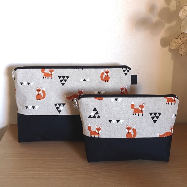 Foxes Zip Pouch set Machine washable cotton/ linen Fabric with water resistant trim / lining and Fox zip pull in Beige Black Orange