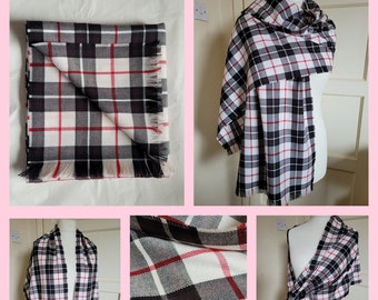 Large Tartan Scarf wrap soft plaid fringed scarf in Black off White Brown /red overcheck Handmade unisex gift, lightweight, bulk buy