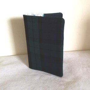 Tartan Passport Cover holder in traditional Black Watch Tartan Plaid Fabric in Black Green Navy Wool like Polyviscose Handmade in Scotland