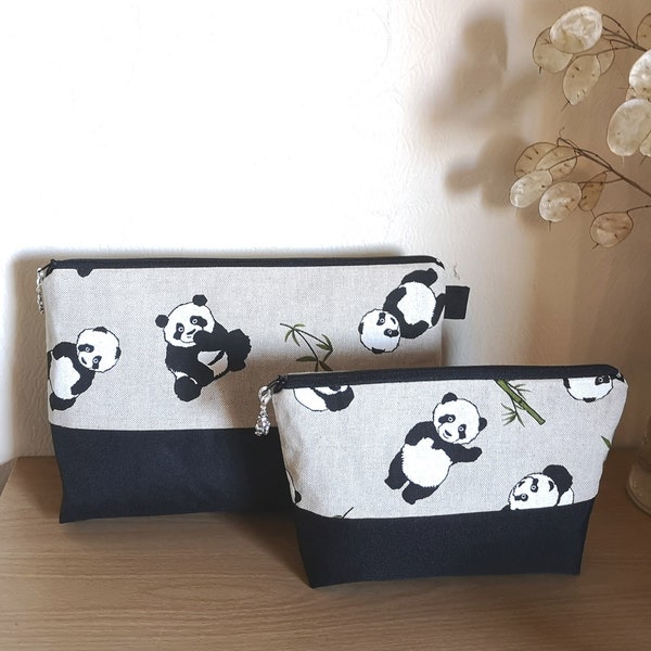 Pandas Zip Pouch set Tessuto lavabile in lavatrice in cotone / lino con finiture / fodera resistenti all'acqua e tirazip Panda in Beige Nero