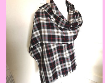 Large Tartan Scarf / wrap soft plaid fringed blanket scarf Beige black red handmade unisex gift, Wool effect, single thickness