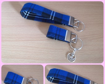 TARTAN Key Fob / Wrist strap key ring in Blue, Black & white Tartan / plaid fabric Wrist strap / Keychain Xmas gift Handmade in Scotland