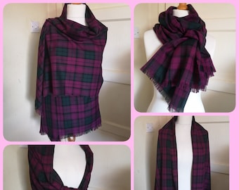 Large Tartan Scarf / wrap soft plaid fringed blanket scarf in Fuchsia Purple & Green. Handmade unisex gift, lightweight, single thickness