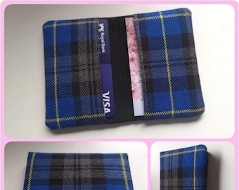 Tartan Passport Cover or card holder in Blue Grey Black polyviscose Tartan Plaid / Fabric with yellow over check - Handmade in Scotland