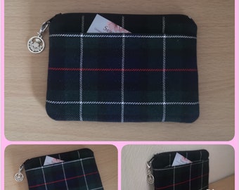 Tartan Coin Purse / Tartan Pouch / Zip purse Mackenzie Tartan / Plaid in Blue Green Black handmade in Scotland with thistle charm zip pull