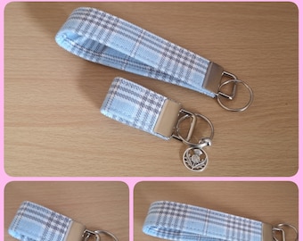 TARTAN Key Fob / Wrist strap key ring in Baby Blue, Grey & white Tartan / plaid fabric Wrist strap / Keychain Xmas gift Handmade in Scotland