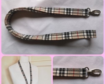 TARTAN fabric Lanyard in Caramel Thompson Tartan / plaid fabric in beige, ID badge pass holder stocking filler gift Handmade in Scotland