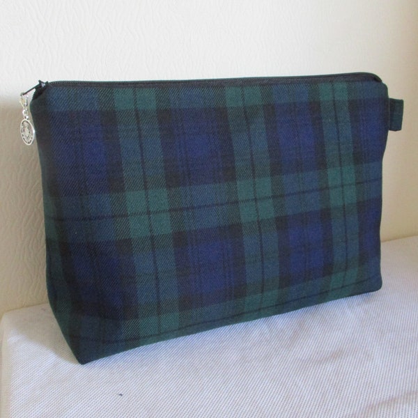 Large Tartan Wash Bag / Toiletries Bag / Zip Pouch Unisex Black Watch Tartan Machine Washable Fabric Gift for him & her Handmade in Scotland