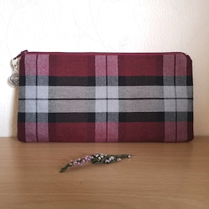 Tartan Zip Clutch Purse / cosmetics Pouch / Pencil case in Burgundy, Brown & Beige Tartan plaid handmade in Scotland Gift machine washable