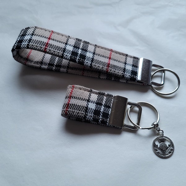 Tartan Keyfob / Wristlet /Keyring in Caramel Thompson, Beige Red White & Black Tartan / Plaid Fabric Key Fob / Keychain Handmade in Scotland