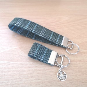 TARTAN Key Fob / Wrist strap key ring in Green black White plaid check fabric Wrist strap / Keychain stocking filler Handmade in Scotland