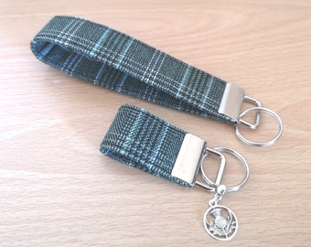 TARTAN Key Fob / Wrist strap key ring in Green black White plaid check fabric Wrist strap / Keychain stocking filler Handmade in Scotland