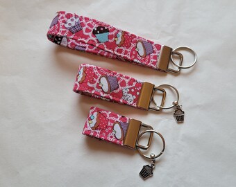 Cupcake Keyfob / Wrist strap Pink multi cupcake design Cotton Fabric Keychain / Keyring Handmade gift