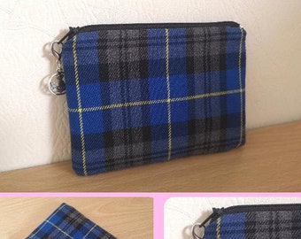 Tartan Coin Purse / Card Holder / Tartan Pouch / Zip purse electric blue Grey & Black Tartan / Plaid handmade in Scotland, thistle charm