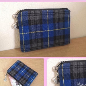 Portamonete in tartan / Porta carte / Custodia in tartan / Portamonete con cerniera blu elettrico Tartan grigio e nero / Plaid fatto a mano in Scozia, fascino di cardo