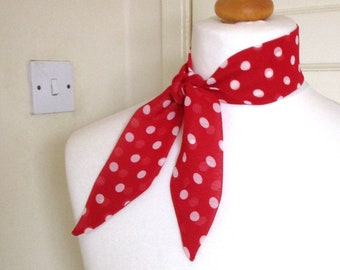 Red polka dot neck Scarf / Hair Tie chiffon fabric Red & White spot handmade gift for her Mother's Day Stunning head band bandanna