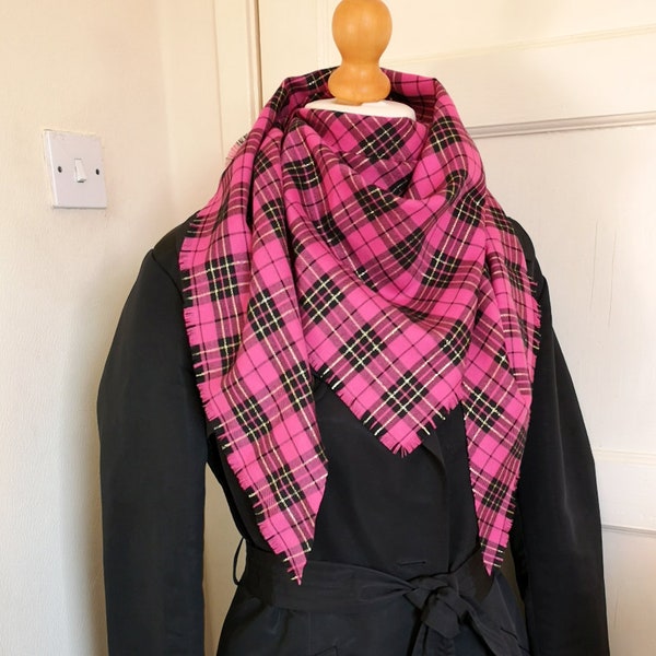 Tartan Scarf / shawl triangle shape soft plaid fringed scarf pink black gold lurex handmade gift, Wool effect, machine wash single thickness