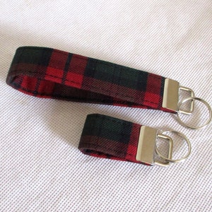 Tartan Keyfob / Wrist strap /Keyring in Lindsay Tartan / Plaid fabric in maroon red green navy Key Fob / Keychain Handmade in Scotland