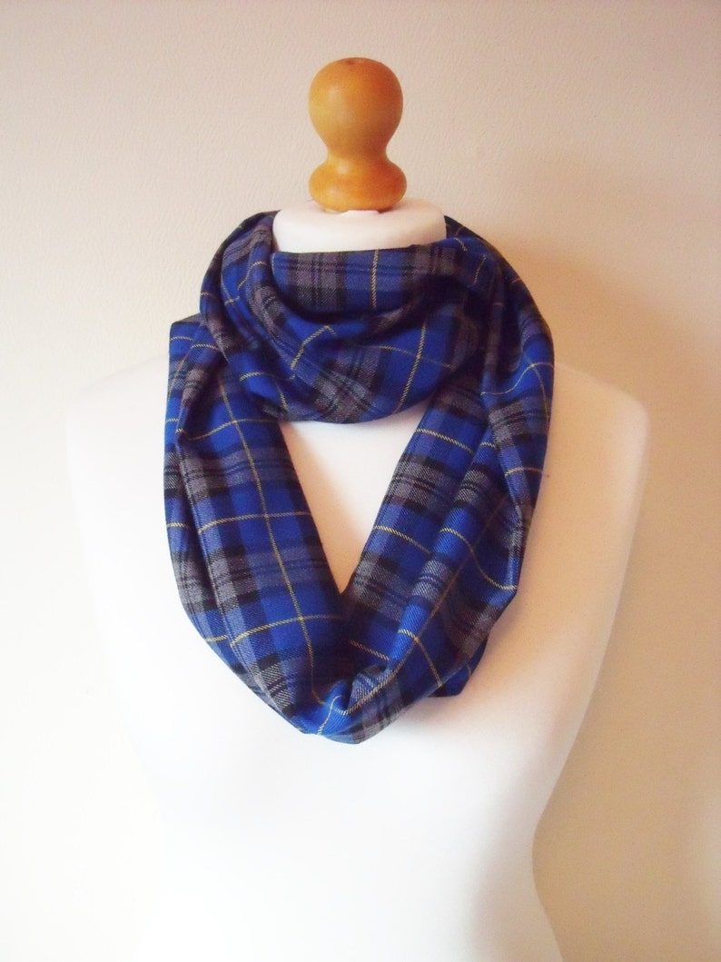 Tartan Scarf. lovely soft Blue, Black & Grey Tartan plaid infinity or straight scarf handmade perfect unisex gift, Wool effect, machine wash image 2