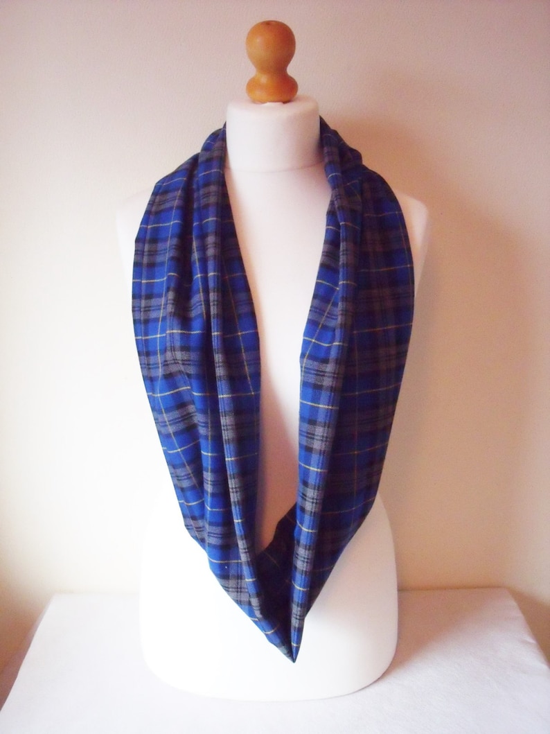 Tartan Scarf. lovely soft Blue, Black & Grey Tartan plaid infinity or straight scarf handmade perfect unisex gift, Wool effect, machine wash image 3