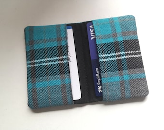 Tartan Passport Cover or card holder in Turquoise Blue Grey Black Wool effect Tartan Plaid / Fabric with white & blue - Handmade in Scotland