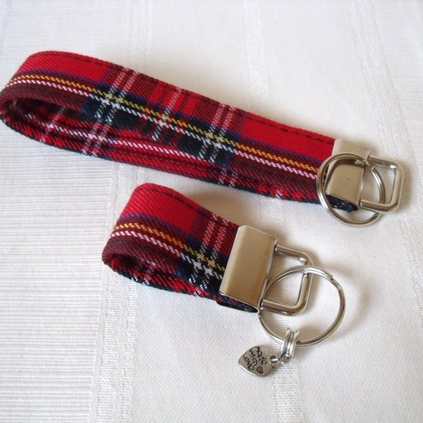 Tartan Keyfob / Wrist strap / Keyring in Royal Stewart Wool like Tartan / Plaid fabric Key Fob / Wrist-let / Keychain Handmade in Scotland