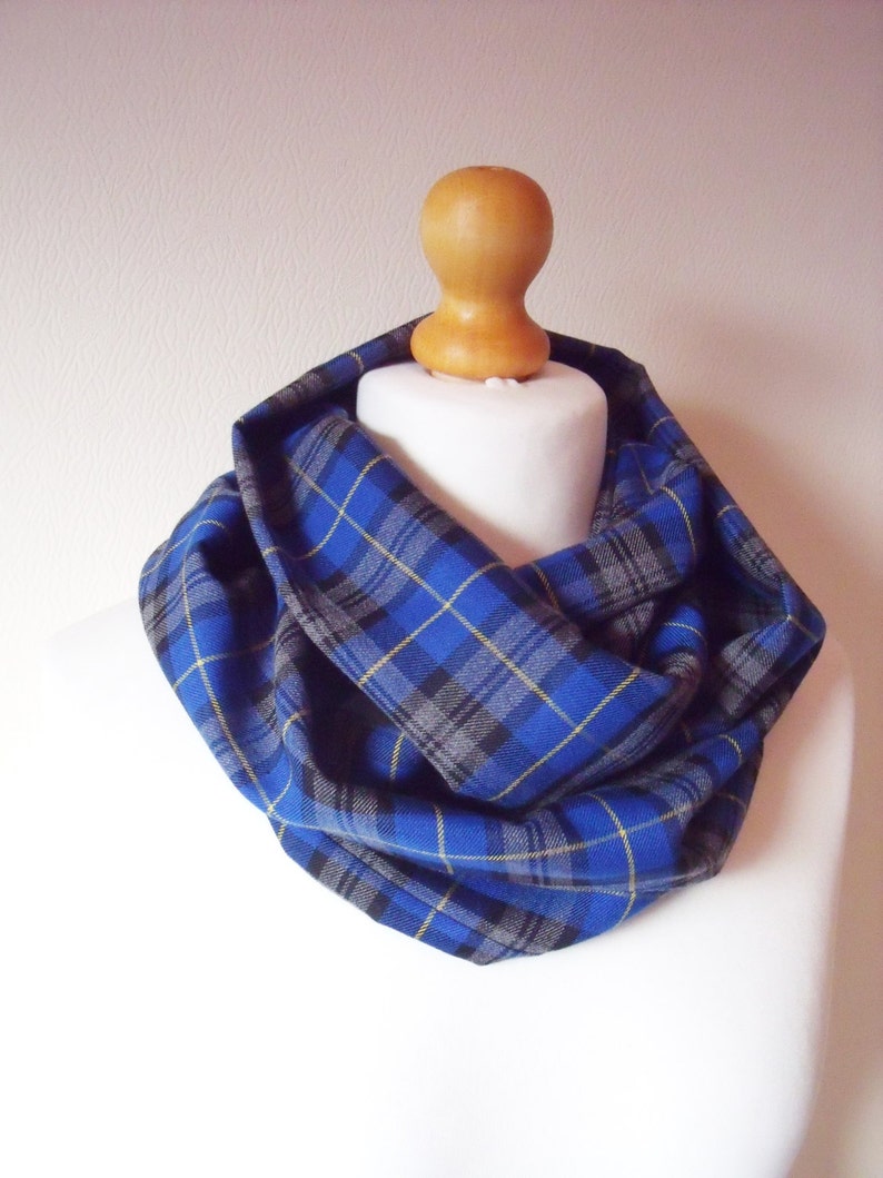 Tartan Scarf. lovely soft Blue, Black & Grey Tartan plaid infinity or straight scarf handmade perfect unisex gift, Wool effect, machine wash image 1