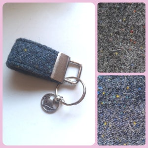 Tweed Keyfob, keyring, Key chain, wrist strap Genuine Harris Tweed Wool blue or charcoal flecks Handmade in Scotland thistle charm