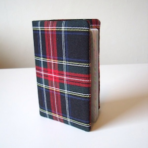 Tartan Passport Cover / holder in Black Stewart Tartan / Plaid Fabric in Black Red Green White Wool like Polyviscose - Handmade in Scotland