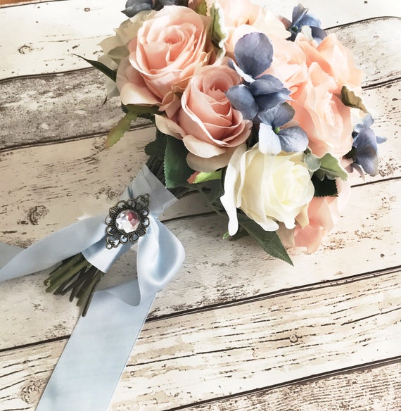 Peach and blue wedding bouquet silk flowers sky blue and | Etsy