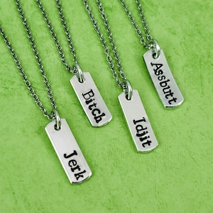 Könnte beinhalten: Vier silberfarbene Halsketten mit rechteckigen Anhängern, die mit den Wörtern "Jerk", "Bitch", "Idjit" und "Assbutt" beschriftet sind. Die Anhänger hängen an filigranen Silberketten vor einem hellgrünen Hintergrund.