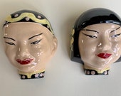 Vintage Asian Girl Boy Ceramic Wall Pocket Face Planters Unique Rare Set Of 2