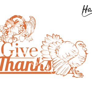 May include: Orange and brown illustration of a cornucopia overflowing with fruit and a turkey with the text "Give Thanks".