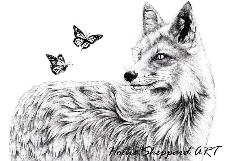 Fox Original Artwork, White Fox and Butterflies, Wildlife, Animal Art, Pen and Ink Drawing, A4, Photo Realistic, Art Realism, Wall Art - .br Fox Original Artwork, White Fox and Butterflies, Wildlife, Animal Art, Pen and Ink Drawing, A4, Photo Realistic, Art Realism, Wall Art - .br