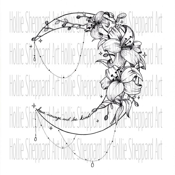 Tattoo Design Digital Image Moon and Lilies. Have Courage - Etsy UK