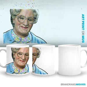 Robin Williams Mrs. Doubtfire Nanny Szene Kaffeebecher, Heimkino Zimmer Dekor, Buntstift Zeichnung, Fine Art Print