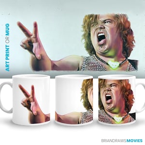 May include: White ceramic mug with a colorful illustration of a person with long hair making a peace sign. The person is wearing a sparkly top and a necklace with a green pendant.